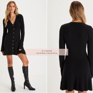 Lulus - Adorably Flirty Black Button-Front Sweater Mini Dress
